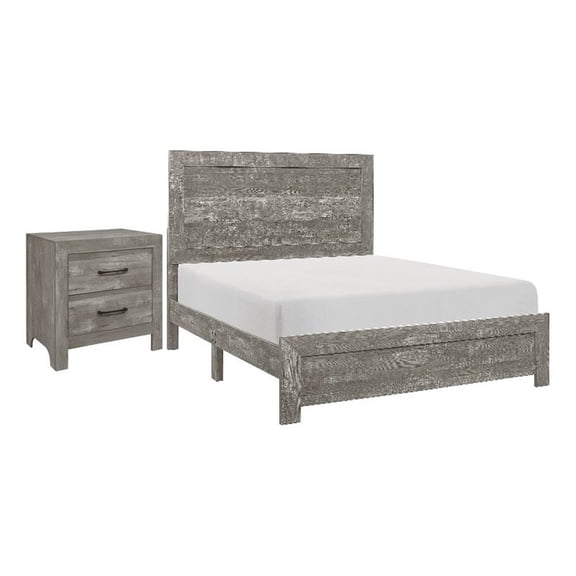 Queen Size Bedroom Set-Gray-Panel Headboard- 2-Piece Set with Bed and Nightstand