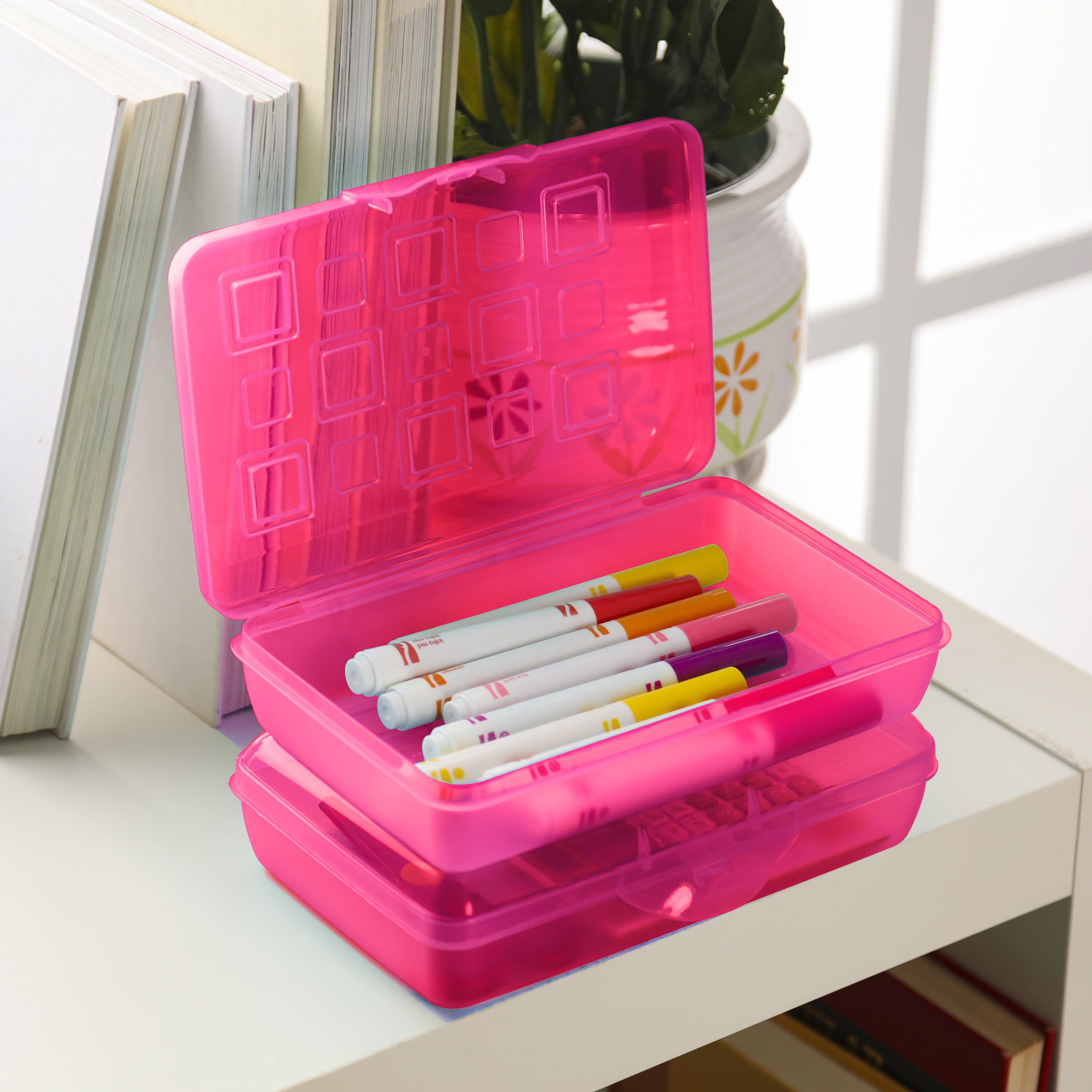 Sterilite Small Pencil Box, Plastic Case with Hinged Lid and Snap Latch, Portable Storage for Back to School Supplies, Neon Pink