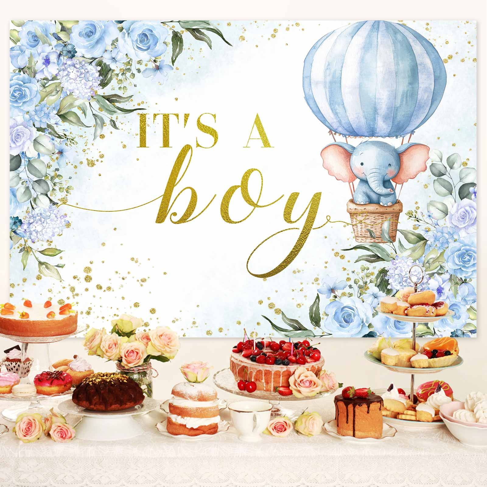 15 x 10 ft Its a Boy Backdrop for Baby Shower Decorations, Blue Flower Little Elephant Boy Baby Shower Decorations Photoshoot Backdrop Banner for Gender Reveal Celebration Background