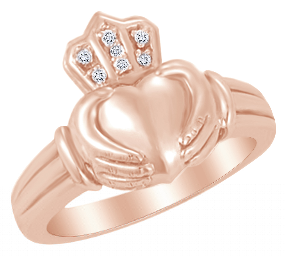AFFY White Natural Diamond Claddagh Men's Ring in 14k Rose Gold (0.03 Cttw) Ring Size : 4