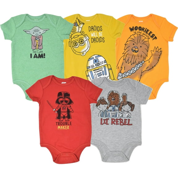 Star Wars Yoda Darth Vader R2-D2 Infant Baby Boys 5 Pack Bodysuits Newborn to Infant