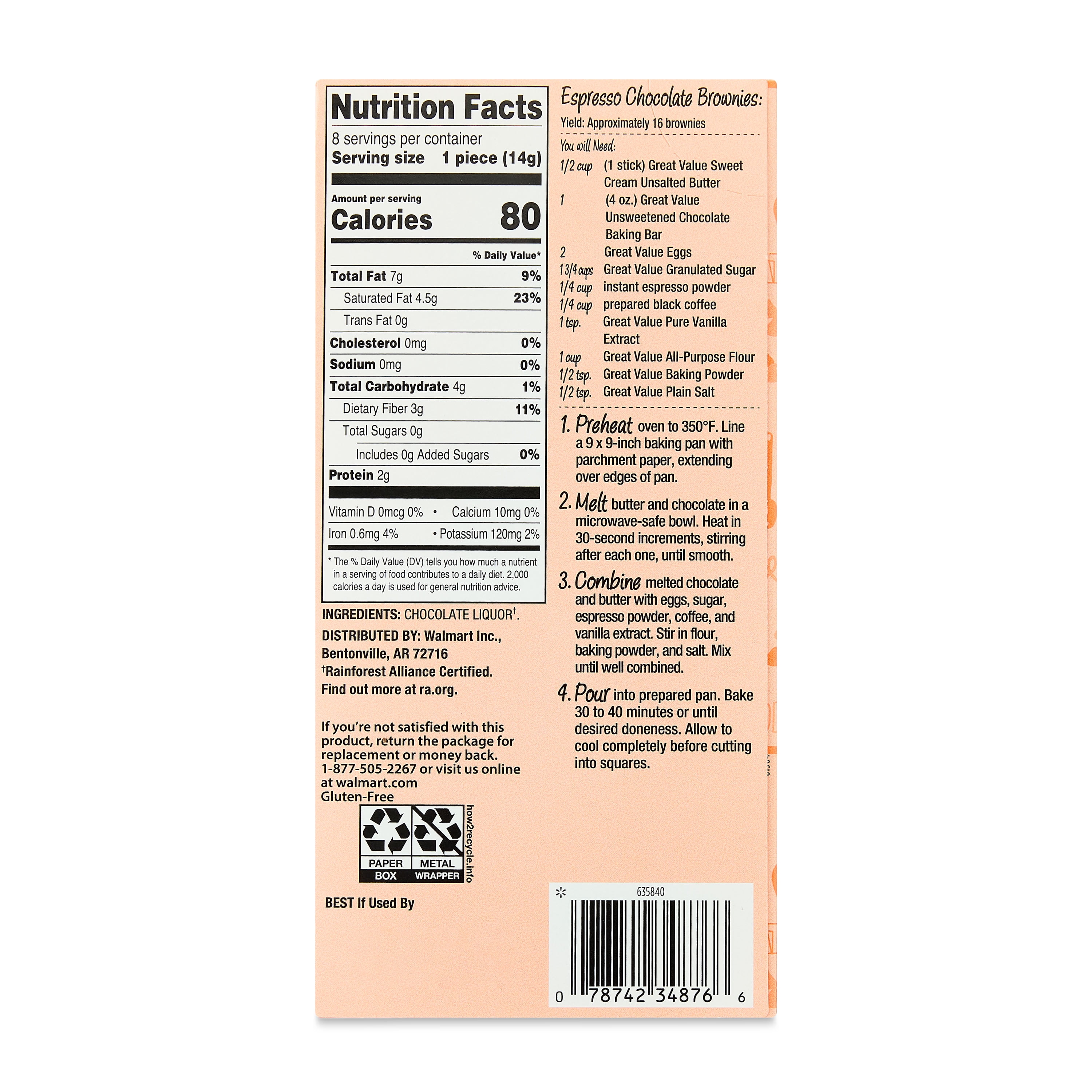 Great Value Unsweetened Chocolate Baking Bar, 4 oz