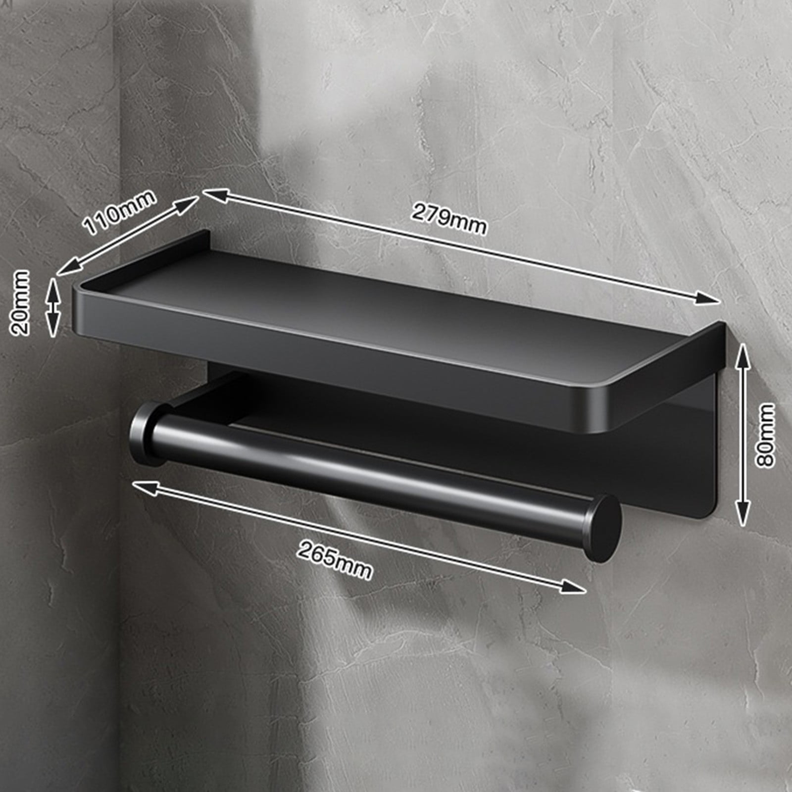 Paper Towel Holder Wall Mounted for Kitchen 11", Bathroom Tissue Roll Hanger with Storage Shelf, Adhesive Hand Towel Holder, Matte Black
