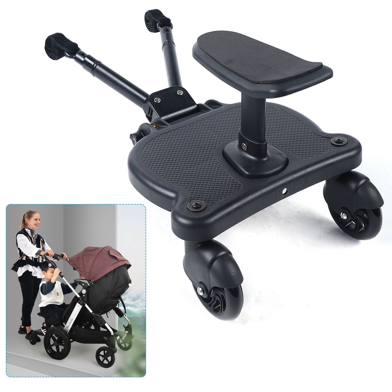 Black Wheel 2in1 Comfort Stroller Ride Board Holds Children Up to 55lbs Universal Stroller Board with Seat Sturdy Wheeled Board Stroller Pedal Stroller Accessories 