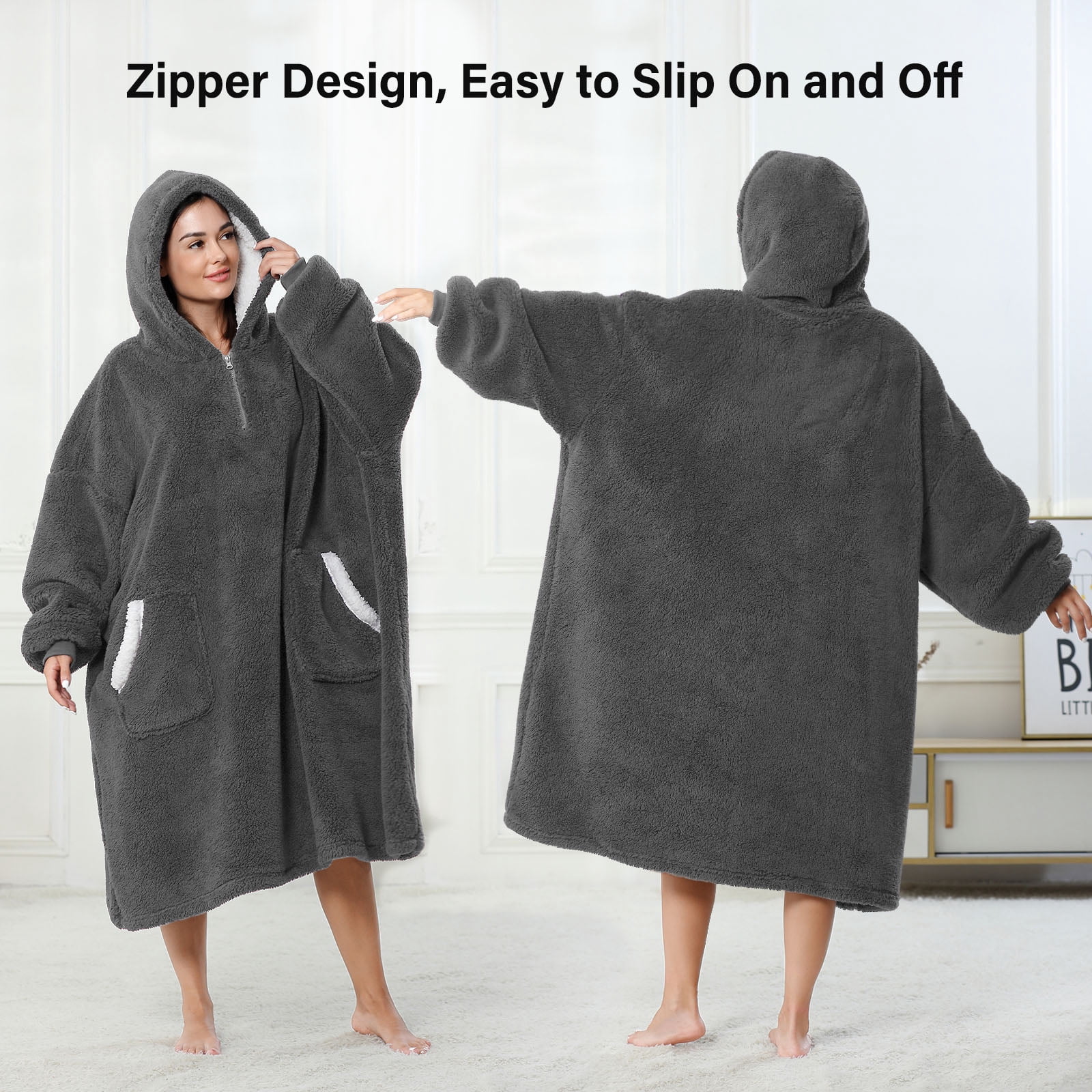 LONGHUSHAN Wearable Blanket Oversized Blanket Hoodie for Women Men , Soft Comfy Warm Sherpa Fleece Sweatshirt with Zipper and Deep Pockets, Winter Gifts Girlfriend Mom - Gray