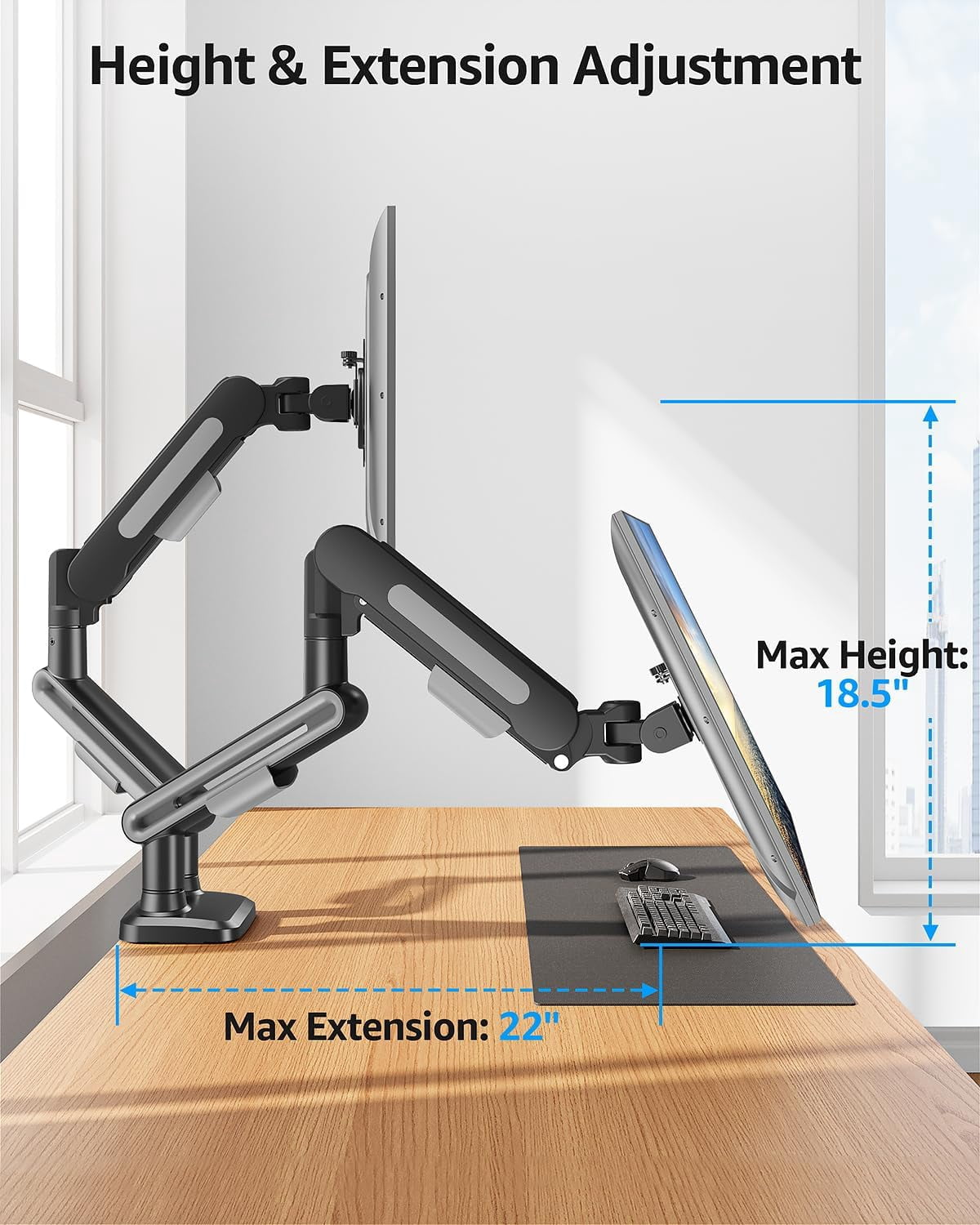 Dual Monitor Mount Holds 4.4-26.5lbs Heavy Duty Arm for 39 37 34 32 27inch Height Adjustable Desk Stand with C-Clamp Grommet Base