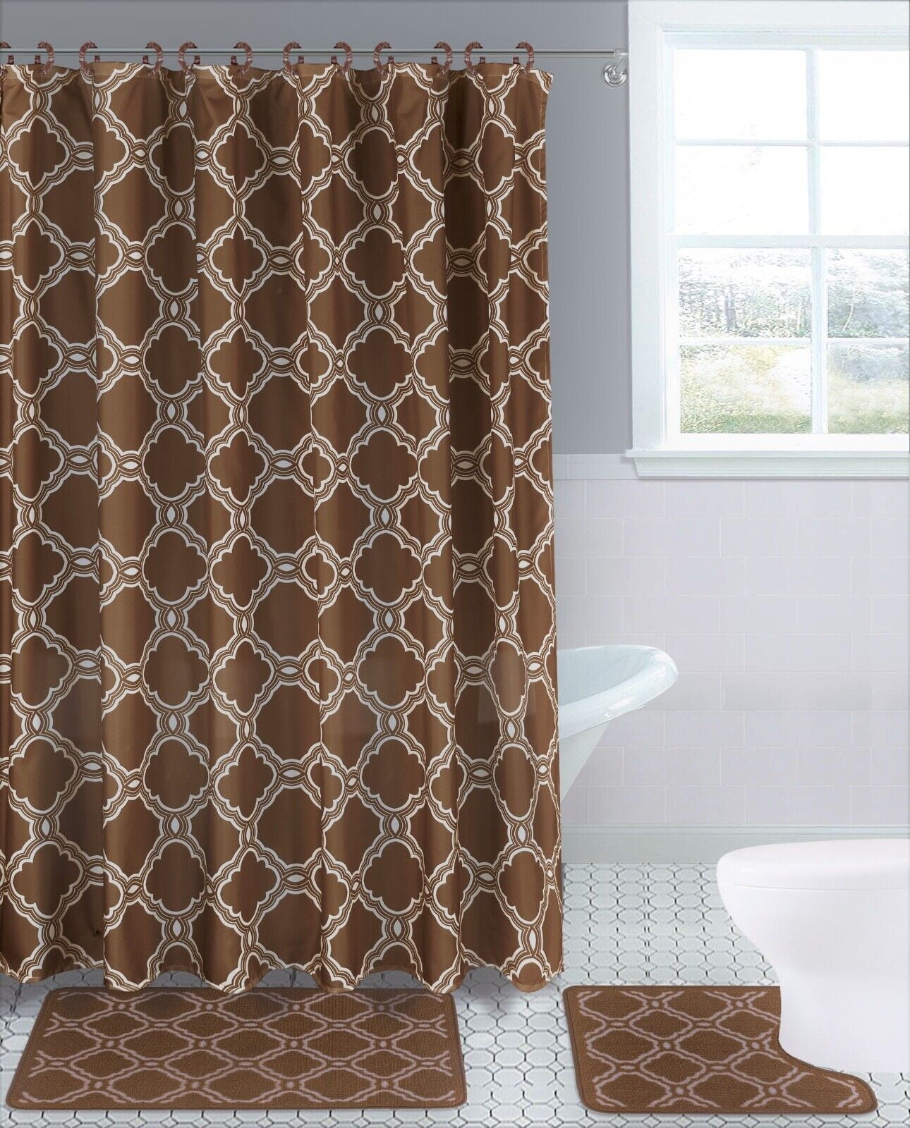 15-piece Hotel Bathroom Sets - 2 Non-Slip Bath Mats Rugs Polyester 72x72 Shower Curtain 12-Hooks Butterfly Brown