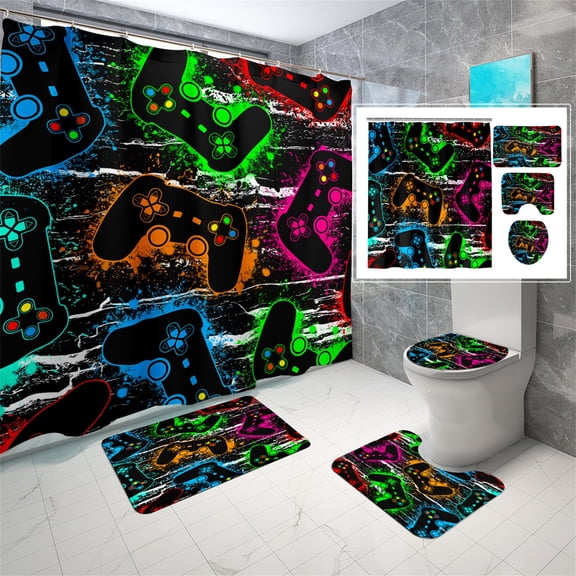 Brythos Gaming Shower Curtain Set 4 Pcs, 70x70 inches Color Gamepad Bathroom Set with Rugs and 12 Hooks for Boys