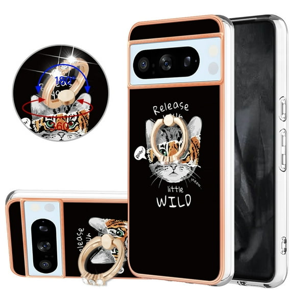TECH CIRCLE For Google Pixel 8 Pro Case with Stand,360 Rotatable Shiny Ring Holder Kickstand Soft TPU Girls Women Case Shockproof Protective Phone Case for Google Pixel 8 Pro 6.7" 2023,Cat