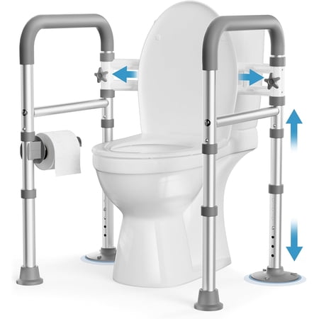 Toilet Safety Rails for Seniors, FSA HSA Eligible Adjustable Toilet Safety Frame with Handles for Elderly and Disabled, 350LBS Foldable Handicap Toilet Assistance Rail Fits Most Toilets, Gray