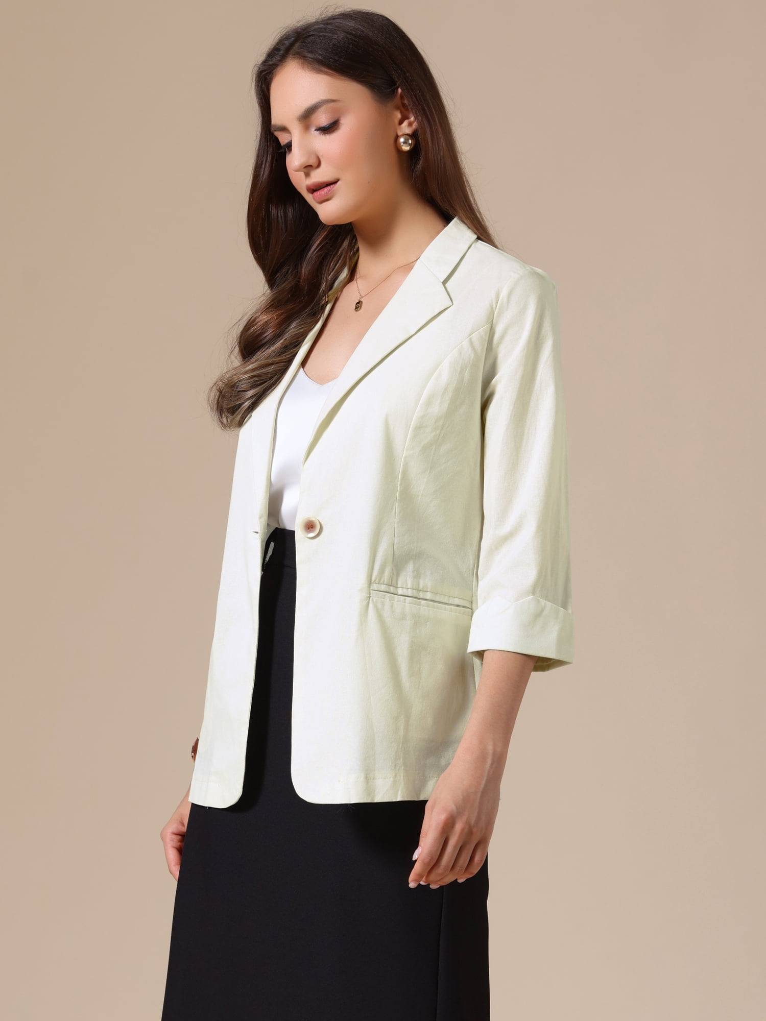 DARING DIVA Women's Cotton Linen 3/4 Sleeve Lightweight Jacket Blazer XS Beige