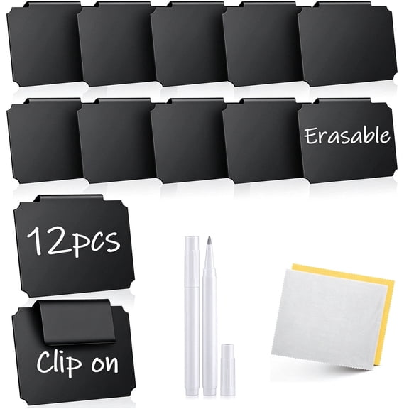 12 Pack Reusable Clip-On Black Chalkboard Basket Labels for Pantry Storage Bins, Includes 2 Markers & Wipe Cloths