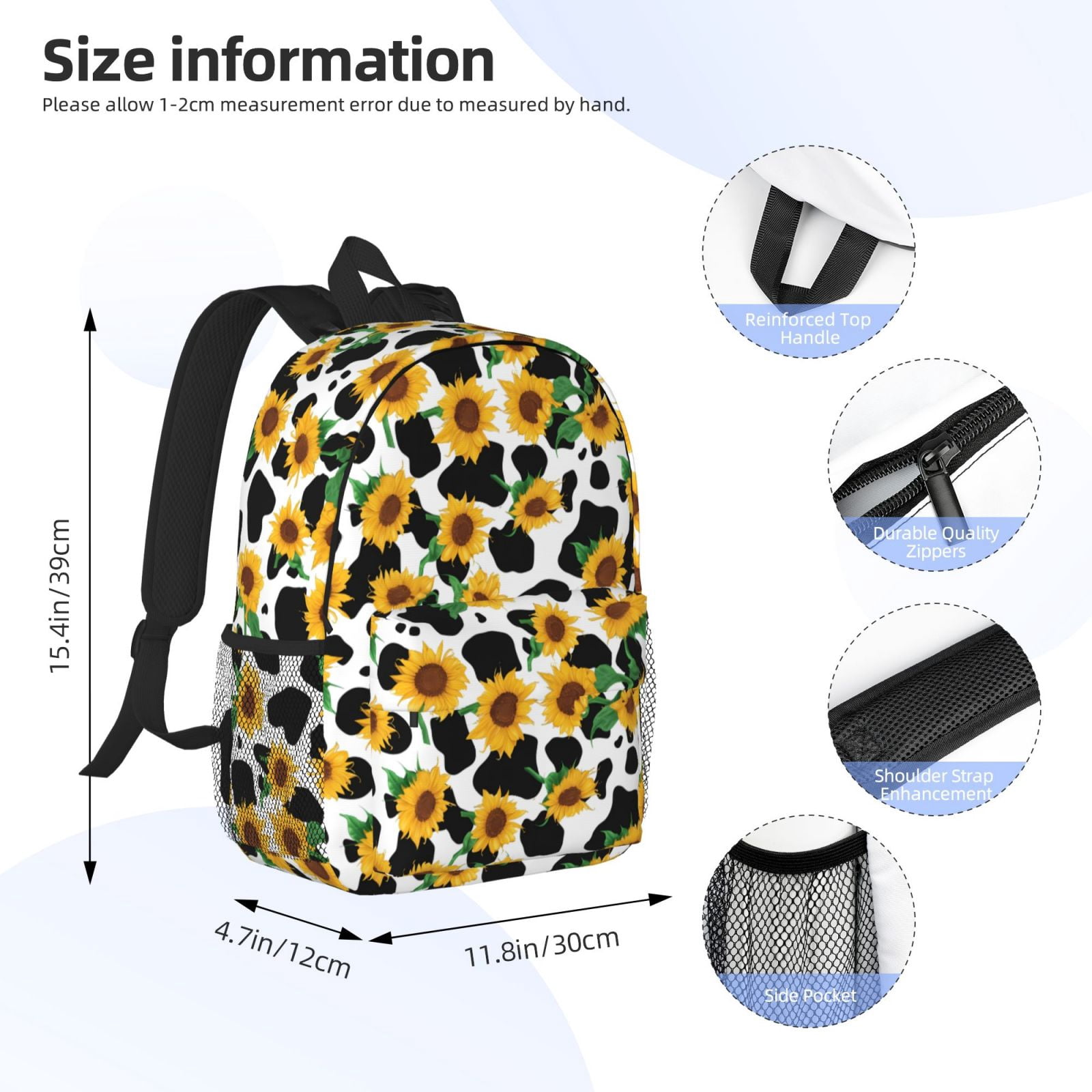 Rateoe Cute Cow Print Sunflower C Pattern Student Backpack Water-resistant Backpack 15-inch Laptop Backpack Lightweight Adjustable School Backpack