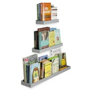 Wallniture Philly Varying Sizes Wall Mounted Bookcases Wood Tray Shelf Gray Floating Shelves Living Room Decor, Set of 3
