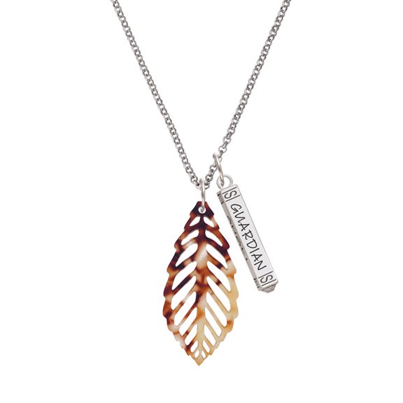 Delight Jewelry Acrylic Large Leaf Mixed Brown and Yellow Silvertone Guardian Angel Bar Charm Necklace, 23"