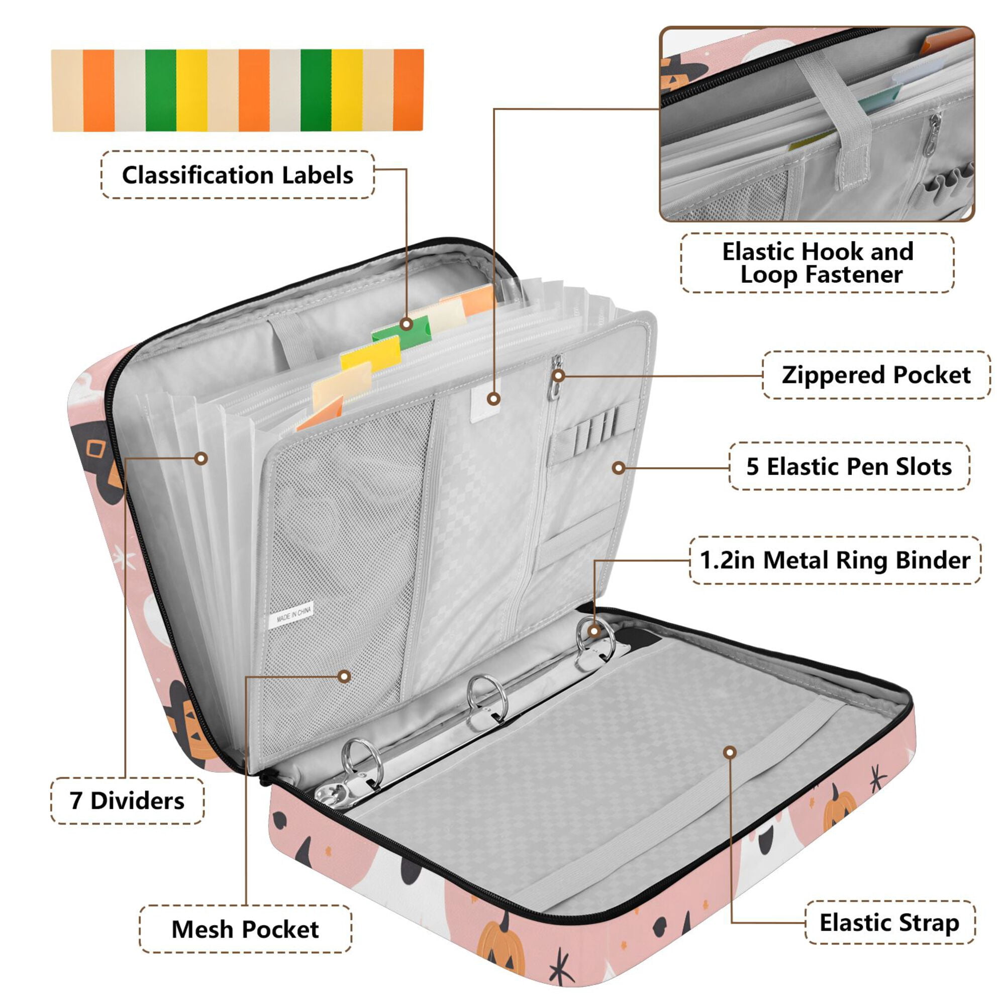FORMRS Accordion File Folder A4 Size 7-Pocket Expanding Document Organizer Bag with 3 Ring Binder, Pastel Pink Halloween