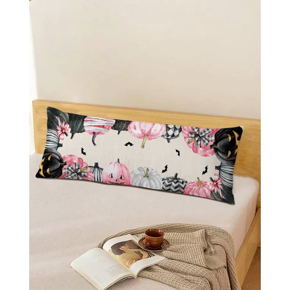 Halloween Throw Pillow Cover,Pink Black Pumpkin Vintage Burlap Backdrop Rectangle Decorative Pillow Case Protector Soft Cushion Cover Lumbar Pillowcase for Couch Sofa Bedroom Car Decor 20x54 Inch