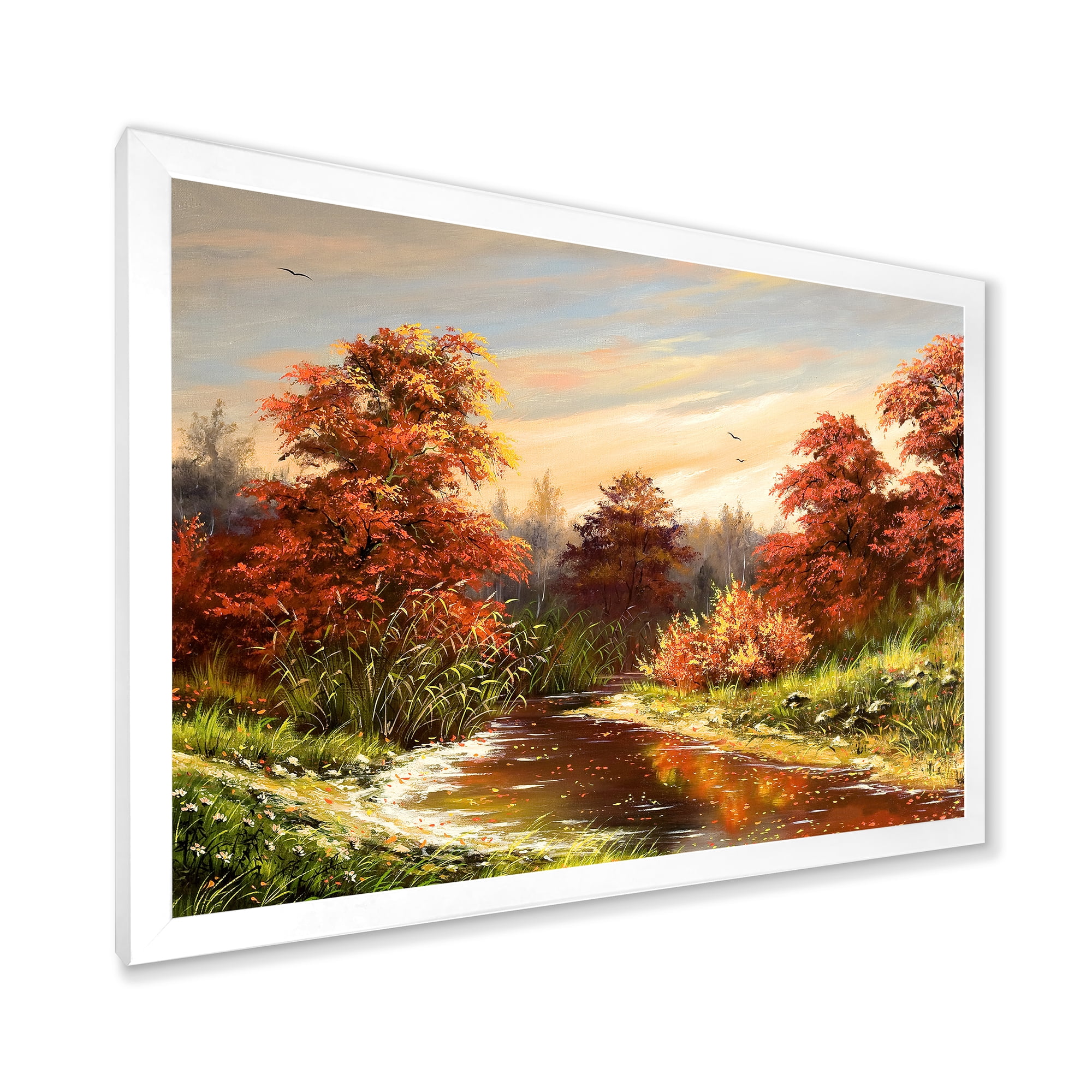 Designart 'The Wood River On A Decline In An Orange Autum Summer' Lake House Framed Art Print