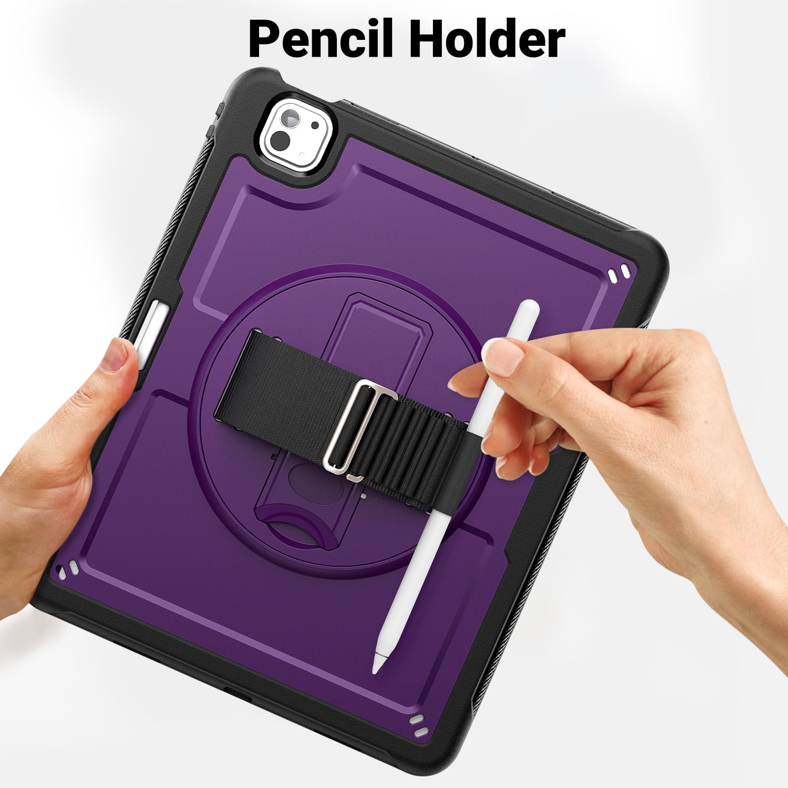 ELEHOLD Case for Apple iPad Pro 13 2024,Soft TPU Rugged Durable Case with 360° Rotating Hand Strap & Foldable Hidden Stand & Pencil Holder,Purple