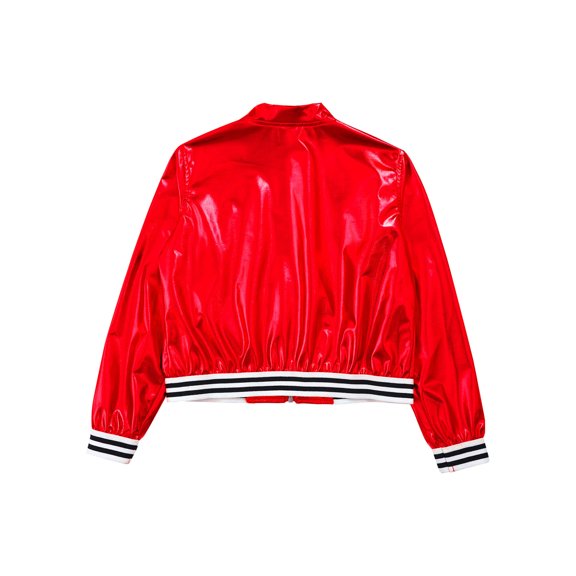 Yartina Kids Girls Metallic Bomber Jacket Coat Zip Up Long Sleeve Jazz Dance Crop Top Windbreaker Red 8