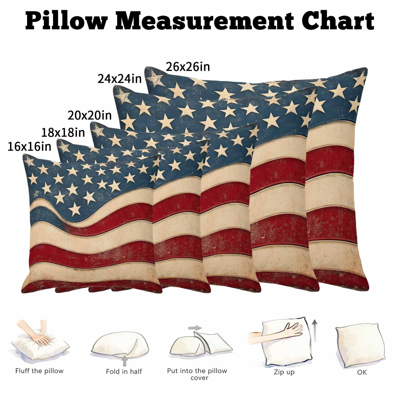 Pillow Covers 26x26 Inch, Vintage American Flag Linen Pillowcase with Invisible Zipper, Blue Red White Star US Flag Decorative Throw Pillow Covers Cushion Case for Couch Sofa Bed Living Room
