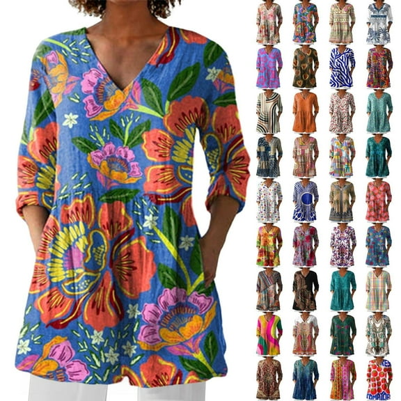 Womens Summer Casual Linen V-neck Shirt Printed Group Long Sleeve T Shirts for Women