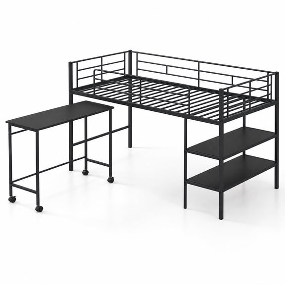 Costway Twin Size Loft Bed with Rolling Desk & Bookshelf, Metal Slats for Bedroom Dormitory Black