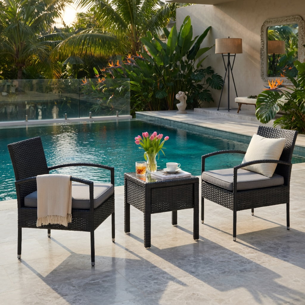 Hommoo 3-Piece Outdoor Rattan Patio Conversation Set, PE Wicker Chairs & Tempered Glass Coffee Table for Backyard, Balcony, Poolside, Gray