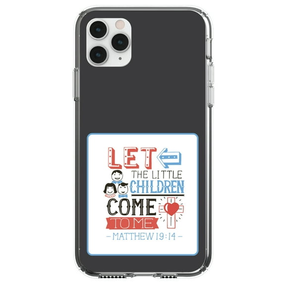 DistinctInk Clear Shockproof Hybrid Case for iPhone 13 (6.1" Screen) - TPU Bumper, Acrylic Back, Tempered Glass Screen Protector - Matthew 19:14 - Let the Little Children Come To Me
