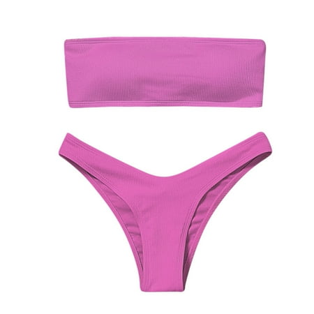 Splozh Women s Two Piece Bandeau Swimsuit Ribbed Strapless Tube Bikini Top with Mid Waist Cheeky Bottom Bathing Suit Pink M