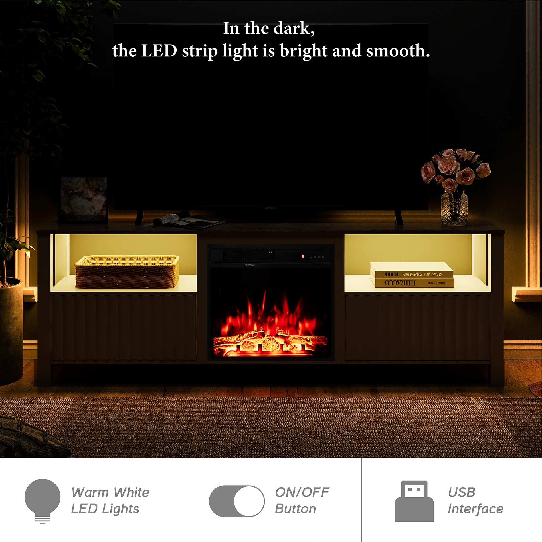 Fireplace TV Stand for TV's up to 75 Inch, LED Entertainment Center with Electric Fireplace for Living Room Bedroom, 70 inch White