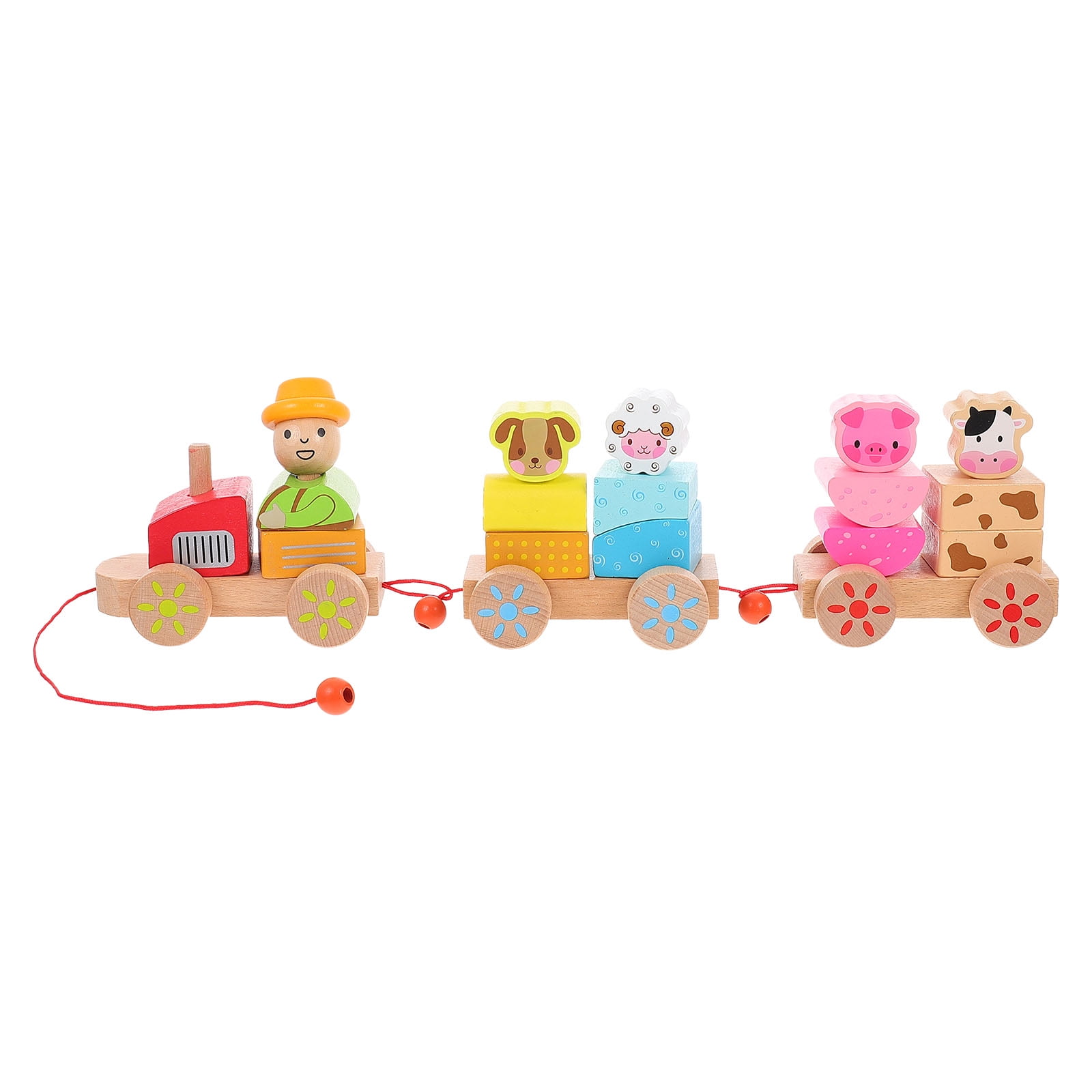 Frcolor Train Wooden Farm Animal Wood Toys Set Animals Pull Blocks