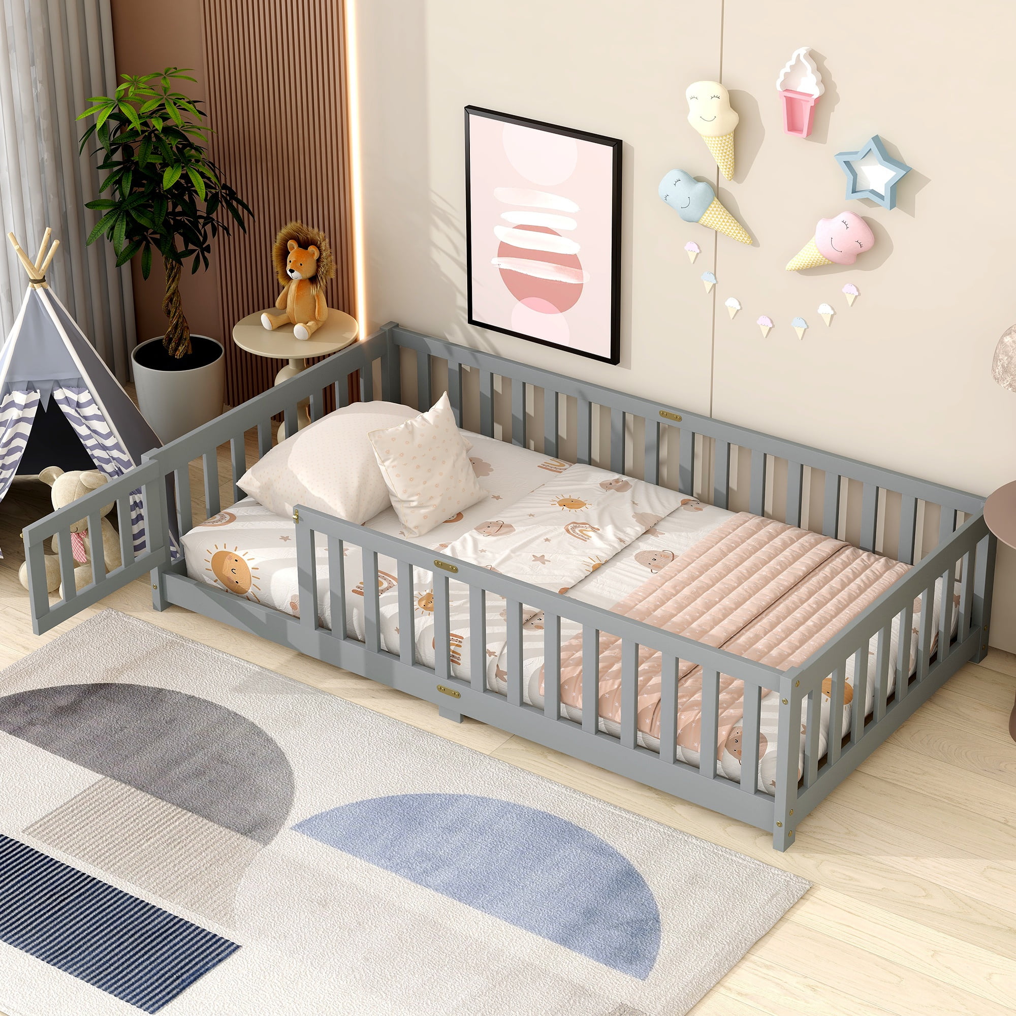 SESSLIFE Twin Size Floor Bed, Wood Floor Bed Frame with Slat and Door, Twin Bed with Safety Guardrails Boys, Girls, No Box Spring Needed, Grey