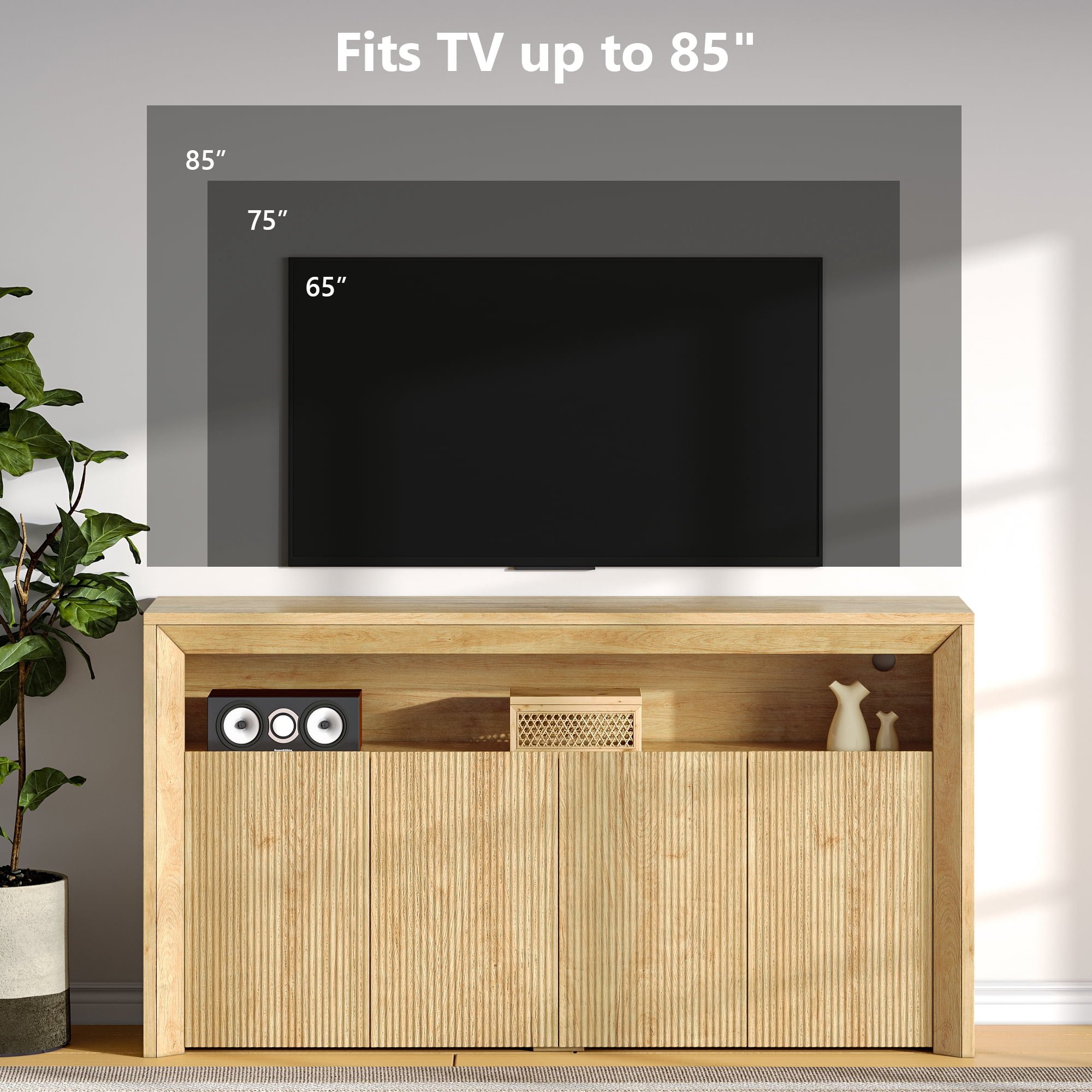 Einhomn TV Stand for TVs up to 85 Inch,Wood Entertainment Center with Open & Adjustable Storage,Mid Century Modern TV Media Console with LED Lights for Living Room,Bedroom,Oak