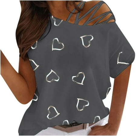 

Mrat Tshirt Dresses For Women Short Sleeve Round-Neck Blouses & Shirts Ladies Summer Round Neck Short Sleeve Love Print Strapless T-Shirt Tops Blouses Bustier Tops For Female