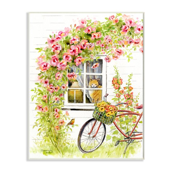Stupell Industries Pink Bicycle with Charming Cat Cottage Wall Plaque, 10 x 15, Design by Gwendolyn Babbitt