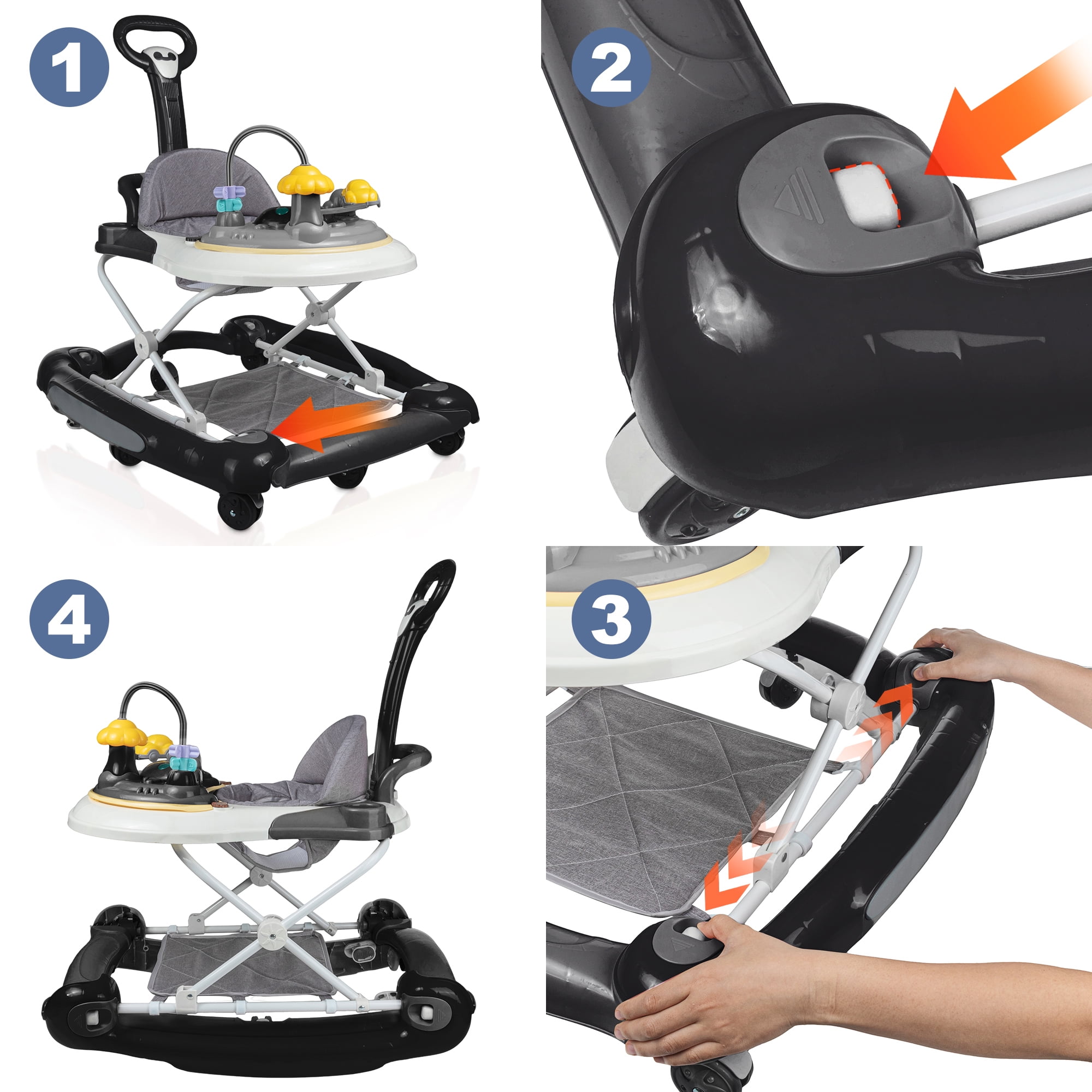 HAOUUCYIN 4-in-1 Baby Walker, Music Activity Push Walker with Wheel, Foldable and Height Adjustable, Black