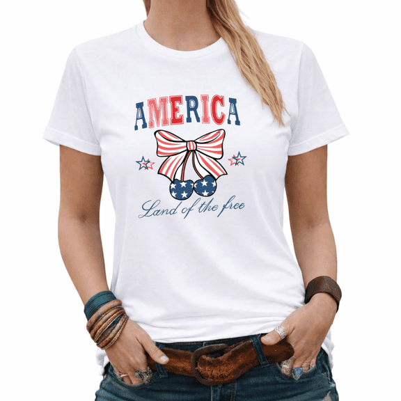 Land Of The Free USA Flag Coquette Bow Graphic Tees Women's Independence Day Patriotic Shirt