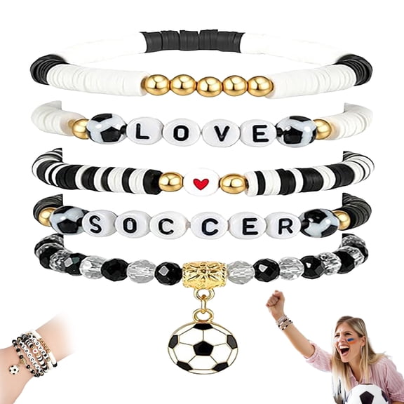 Dwellin 5pcs Love Soccer Bracelets Stackable Stretchy Clay Beaded Wristband Sports Jewelry for Boys Girls Women Fans Gameday Party Favors Gifts