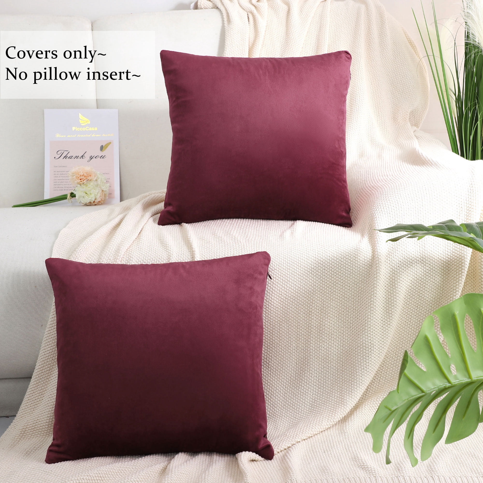 Unique Bargains 2-Pack Solid Velvet Decorative Throw Pillow Covers Burgundy 16"x16"