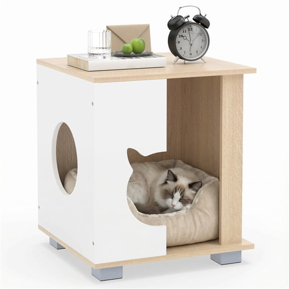 Zephypaws Cat House,Wooden Cat Condo Cube Shaped,Modern Cat Bed Side Table & Nightstand,Cat Shelter Furniture,Natural