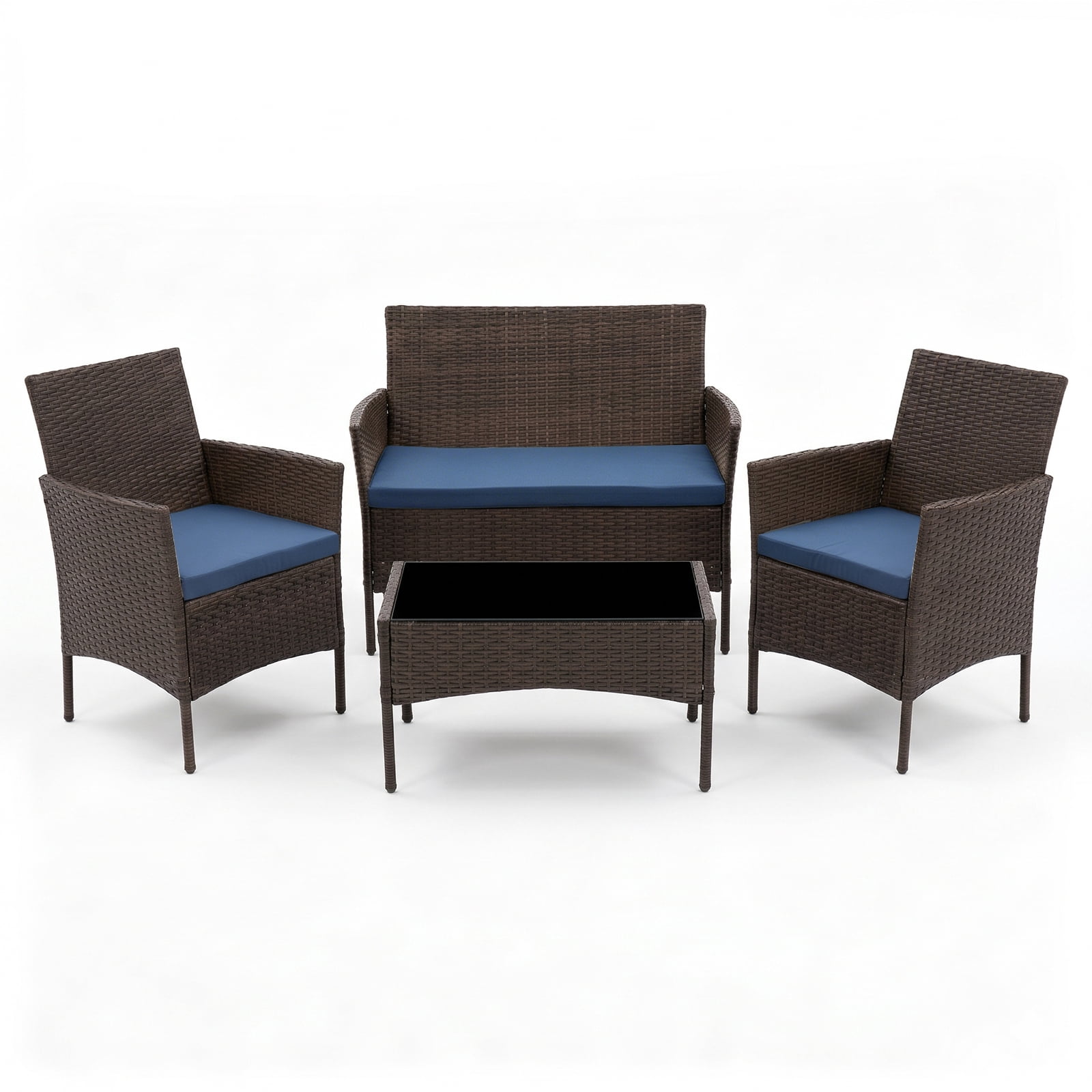 Gasee 4-Piece Patio Furniture Set Outdoor Conversation Rattan Chairs with Cushion and Loveseat Glass Table for Garden Backyard Porch, Brown/Navy