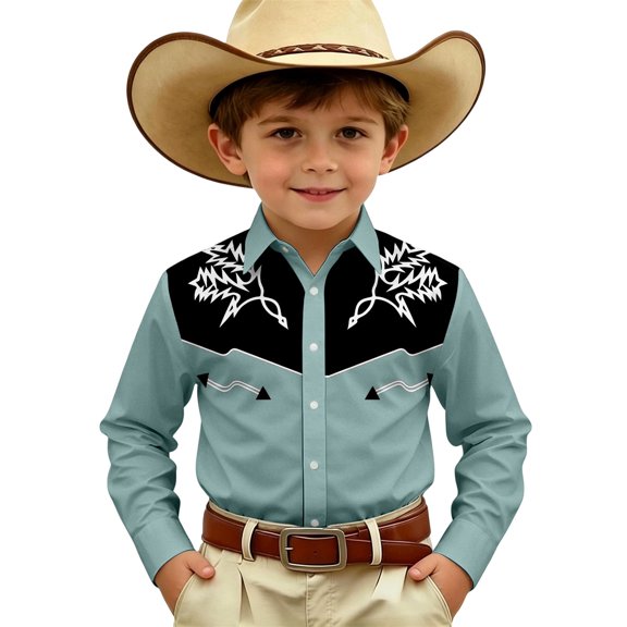 Hiijoy Boy's Long Sleeve Cowboy Shirt Kids Vintage Button Down Western Shirt, Sizes 4-5
