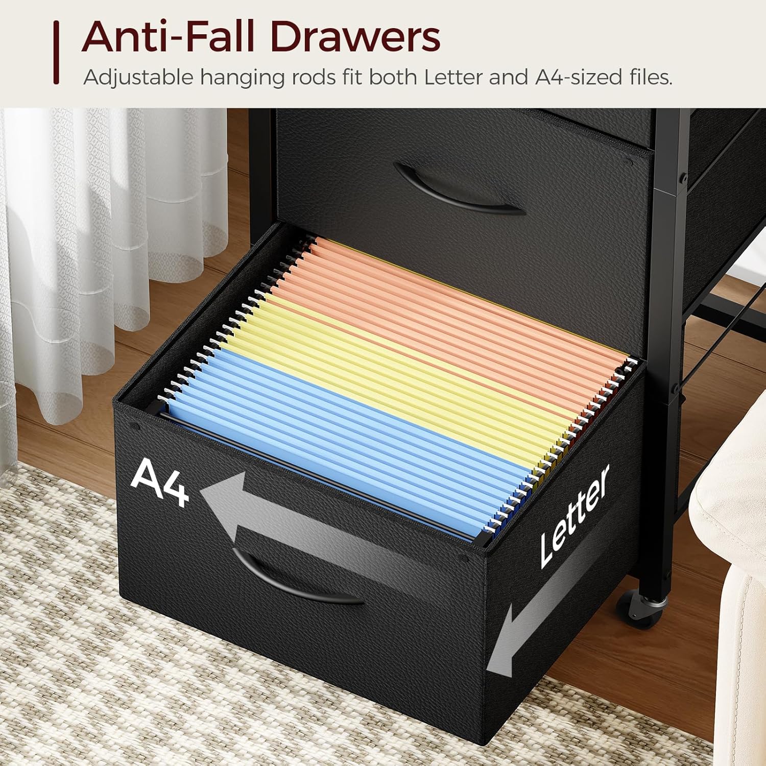 3 Drawer File Cabinet, Vertical Filing Cabinet with Wheels, Printer Stand with Non-Woven Fabric Drawer, Adjustable Hanging Rods, fits A4/Letter Size, for Home Office