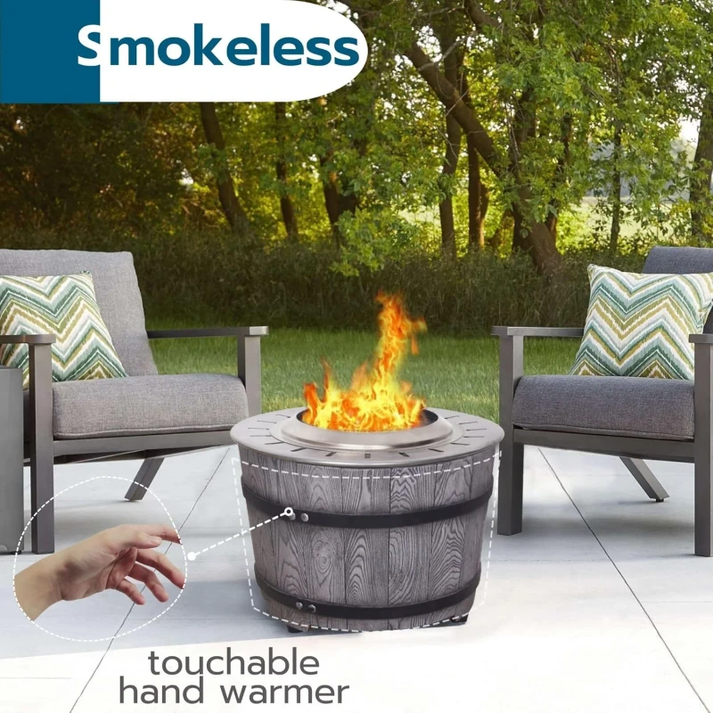 Afterglow Smokeless Fire Pit, 20.5" Round Wood Burning Stainless Steel Top and TerraFab Material Base,Firepit with Weather Cover Perfect for Outdoor Patio Garden, Wood Grain Gray