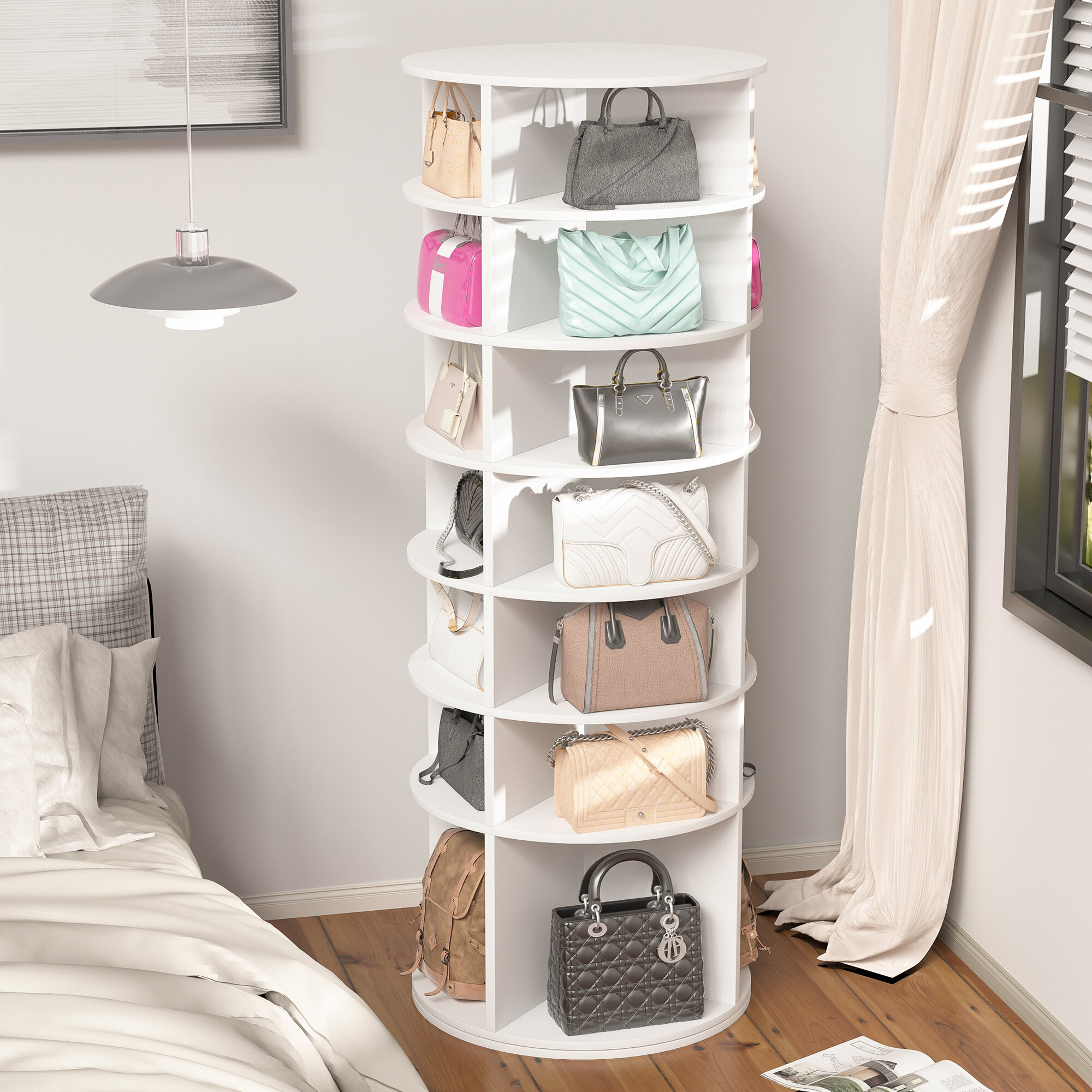 7-Tier Rotating Shoe Rack Tower, 360° Spinning Shoe Organizer Holds 28 Pairs, 23.62" X 23.62" X 72.44" White Free-Standing Shoe Storage Cabinet