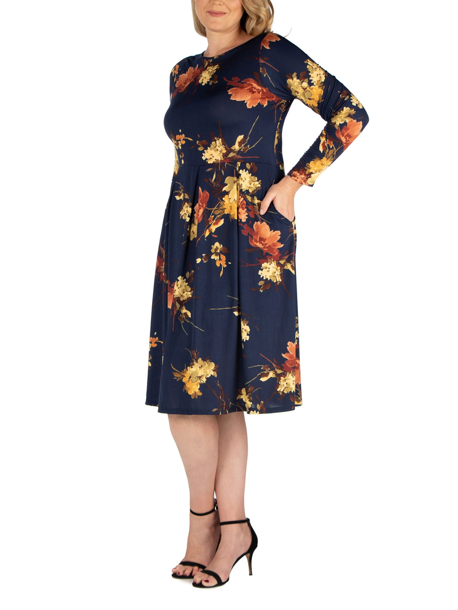 24/7 Women's Plus Size Comfort Apparel Long Sleeve Knee Length Plus Size Skater Dress