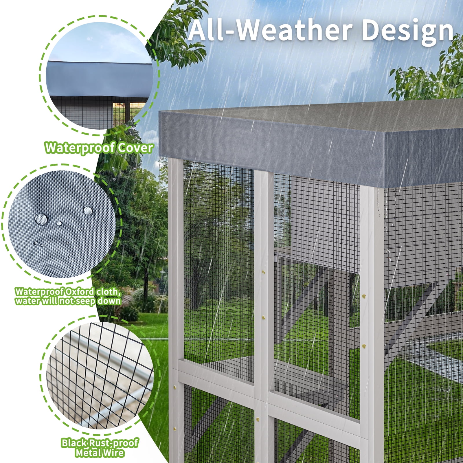 Outdoor Cat Enclosure, Catio with Platforms and Napping Houses, Waterproof Tarp Cover and Secure Locking Mechanism, Rounded Corner Design for Safety, Solid Wood Cat Cage for Outdoor, Gray