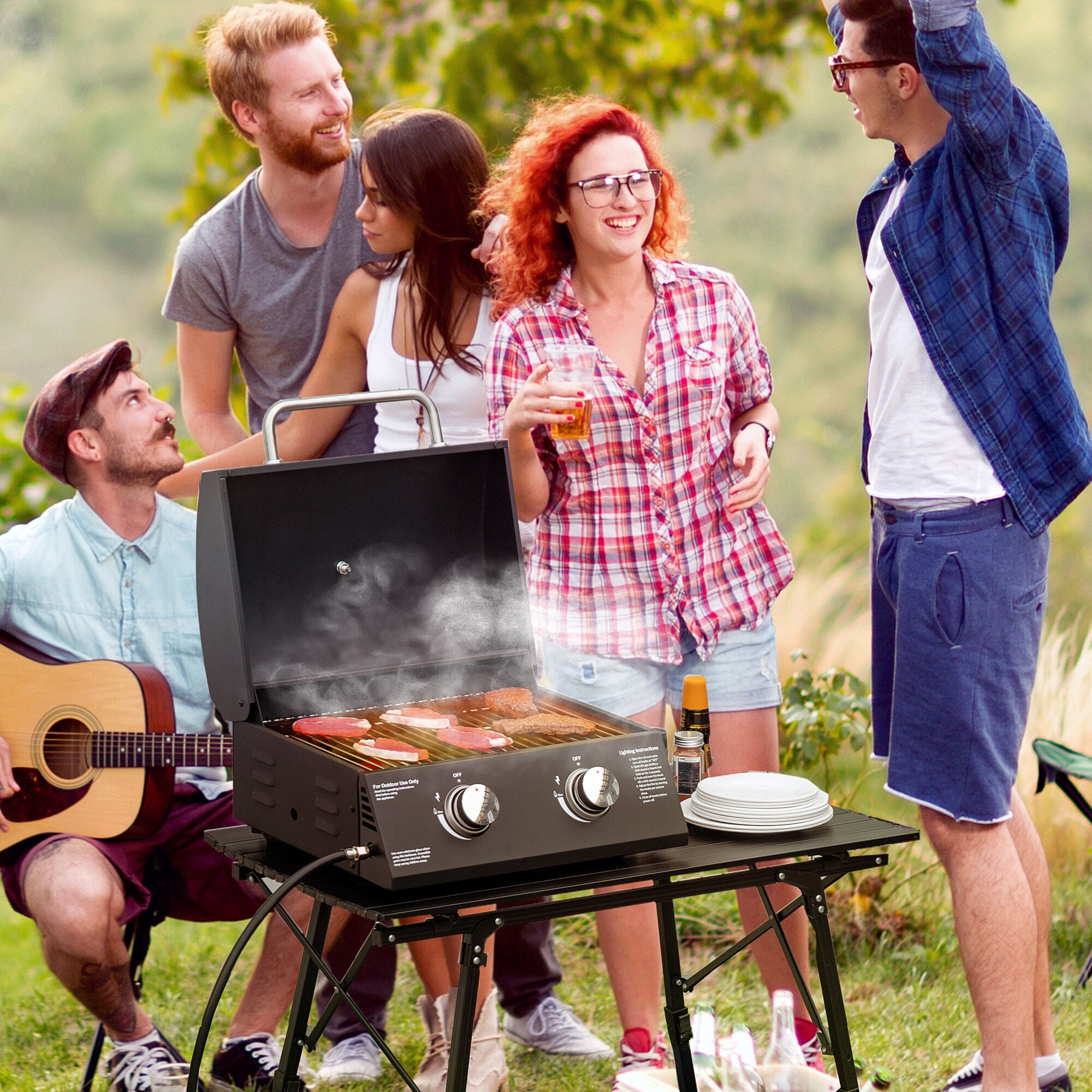 Outdoor Grill, 2 Burner Propane Gas Grill Outdoor Portable Tabletop BBQ with Foldable Legs, Lid, Thermometer for Camping, Picnic, Backyard, Black, Black BBQ Grill,Carbon Steel Tabletop Grill