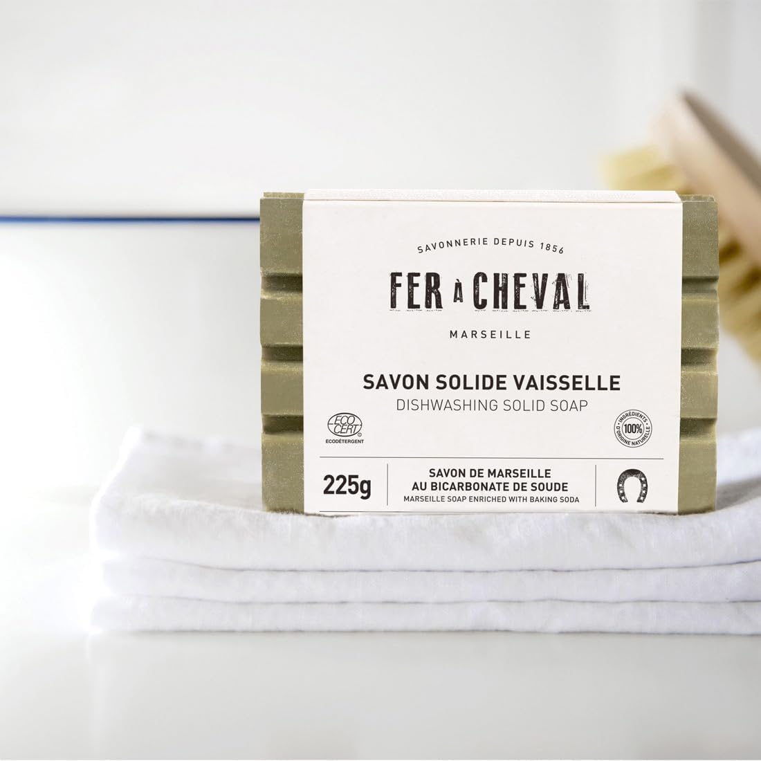 Fer à Cheval Dishwashing Solid Soap | Pristine Marseille Soap Formula with Baking Soda | 100% Natural Dish Soap Bar | French-Origin, Palm-Coconut Oil Free | ECOCERT Certified | 225g, 2 Pack